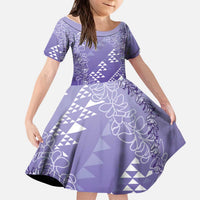 Hawaii Lavender Kapa Kid Short Sleeve Dress Vintage 'Ohe Kāpala Motifs Mix Plumeria Leis LT7 KID Lavender - Polynesian Pride