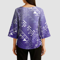Hawaii Lavender Kapa Kimono Sleeve Blouse Vintage 'Ohe Kāpala Motifs Mix Plumeria Leis LT7 - Polynesian Pride