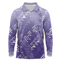 Hawaii Lavender Kapa Long Sleeve Polo Shirt Vintage 'Ohe Kāpala Motifs Mix Plumeria Leis LT7 Lavender - Polynesian Pride
