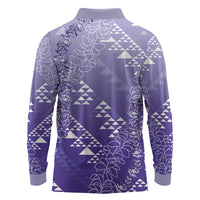 Hawaii Lavender Kapa Long Sleeve Polo Shirt Vintage 'Ohe Kāpala Motifs Mix Plumeria Leis LT7 - Polynesian Pride