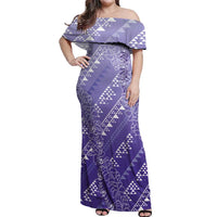 Hawaii Lavender Kapa Off Shoulder Maxi Dress Vintage 'Ohe Kāpala Motifs Mix Plumeria Leis LT7 Women Lavender - Polynesian Pride