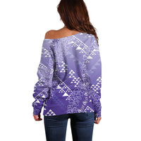 Hawaii Lavender Kapa Off Shoulder Sweater Vintage 'Ohe Kāpala Motifs Mix Plumeria Leis