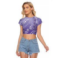 Hawaii Lavender Kapa Raglan Cropped T Shirt Vintage 'Ohe Kāpala Motifs Mix Plumeria Leis LT7 Female Lavender - Polynesian Pride
