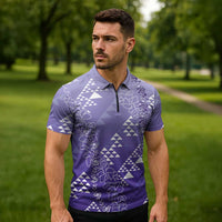 Hawaii Lavender Kapa Zipper Polo Shirt Vintage 'Ohe Kāpala Motifs Mix Plumeria Leis LT7 - Polynesian Pride