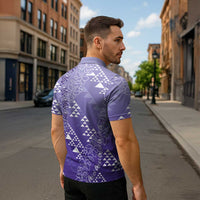 Hawaii Lavender Kapa Zipper Polo Shirt Vintage 'Ohe Kāpala Motifs Mix Plumeria Leis LT7 - Polynesian Pride