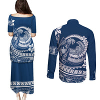 Polynesian Plumeria Couples Matching Puletasi Dress and Long Sleeve Button Shirts Ride The Waves - Navy Blue LT7 - Polynesian Pride