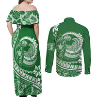 Polynesian Plumeria Couples Matching Off Shoulder Maxi Dress and Long Sleeve Button Shirts Ride The Waves - Green LT7 - Polynesian Pride