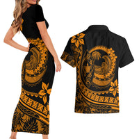 Polynesian Plumeria Couples Matching Short Sleeve Bodycon Dress and Hawaiian Shirt Ride The Waves - Orange LT7 - Polynesian Pride