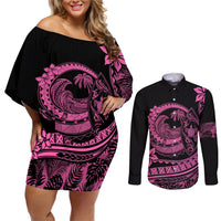 Polynesian Plumeria Couples Matching Off Shoulder Short Dress and Long Sleeve Button Shirts Ride The Waves - Pink LT7 Pink - Polynesian Pride