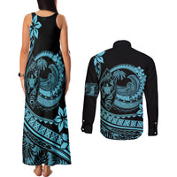 Polynesian Plumeria Couples Matching Tank Maxi Dress and Long Sleeve Button Shirts Ride The Waves - Turquoise LT7 - Polynesian Pride