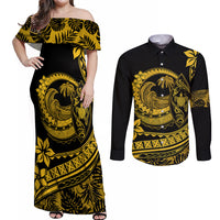 Polynesian Plumeria Couples Matching Off Shoulder Maxi Dress and Long Sleeve Button Shirts Ride The Waves - Yellow LT7 Yellow - Polynesian Pride