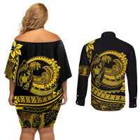 Polynesian Plumeria Couples Matching Off Shoulder Short Dress and Long Sleeve Button Shirts Ride The Waves - Yellow LT7 - Polynesian Pride