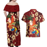 Crimson Red Tropical Christmas Hawaii Tapa Couples Matching Off Shoulder Maxi Dress and Hawaiian Shirt Aloha Santa Drink Party LT7 - Polynesian Pride