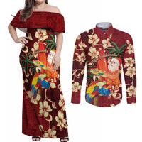 Crimson Red Tropical Christmas Hawaii Tapa Couples Matching Off Shoulder Maxi Dress and Long Sleeve Button Shirt Aloha Santa Drink Party LT7 Red - Polynesian Pride