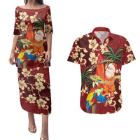 Crimson Red Tropical Christmas Hawaii Tapa Couples Matching Puletasi and Hawaiian Shirt Aloha Santa Drink Party LT7 Red - Polynesian Pride