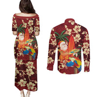 Crimson Red Tropical Christmas Hawaii Tapa Couples Matching Puletasi and Long Sleeve Button Shirt Aloha Santa Drink Party LT7 - Polynesian Pride
