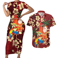 Crimson Red Tropical Christmas Hawaii Tapa Couples Matching Short Sleeve Bodycon Dress and Hawaiian Shirt Aloha Santa Drink Party LT7 Red - Polynesian Pride
