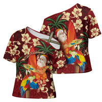 Crimson Red Tropical Christmas Hawaii Tapa Cross Shoulder Shirt Aloha Santa Drink Party LT7 - Polynesian Pride