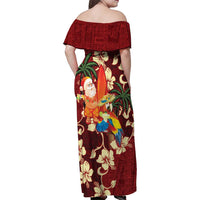 Crimson Red Tropical Christmas Hawaii Tapa Family Matching Off Shoulder Maxi Dress and Hawaiian Shirt Aloha Santa Drink Party LT7 - Polynesian Pride