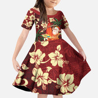 Crimson Red Tropical Christmas Hawaii Tapa Family Matching Puletasi and Hawaiian Shirt Aloha Santa Drink Party LT7 Daughter's Dress Red - Polynesian Pride