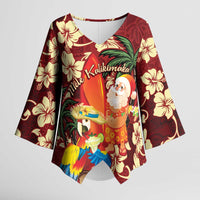 Crimson Red Tropical Christmas Hawaii Tapa Kimono Sleeve Blouse Aloha Santa Drink Party LT7 Female Red - Polynesian Pride