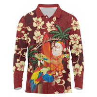 Crimson Red Tropical Christmas Hawaii Tapa Long Sleeve Polo Shirt Aloha Santa Drink Party LT7 Red - Polynesian Pride