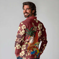 Crimson Red Tropical Christmas Hawaii Tapa Long Sleeve Polo Shirt Aloha Santa Drink Party LT7 - Polynesian Pride