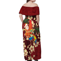 Crimson Red Tropical Christmas Hawaii Tapa Off Shoulder Maxi Dress Aloha Santa Drink Party LT7 - Polynesian Pride