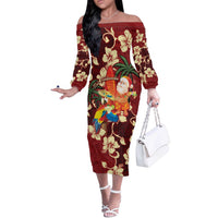 Crimson Red Tropical Christmas Hawaii Tapa Off The Shoulder Long Sleeve Dress Aloha Santa Drink Party LT7 Women Red - Polynesian Pride