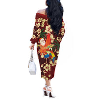 Crimson Red Tropical Christmas Hawaii Tapa Off The Shoulder Long Sleeve Dress Aloha Santa Drink Party LT7 - Polynesian Pride