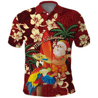 Crimson Red Tropical Christmas Hawaii Tapa Polo Shirt Aloha Santa Drink Party LT7 Red - Polynesian Pride