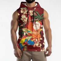 Crimson Red Tropical Christmas Hawaii Tapa Sleeveless Hoodie Aloha Santa Drink Party LT7 - Polynesian Pride