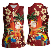 Crimson Red Tropical Christmas Hawaii Tapa Women Sleeveless Polo Shirt Aloha Santa Drink Party LT7 - Polynesian Pride