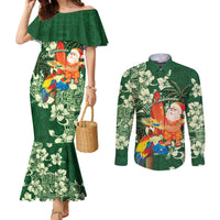 Moss Green Tropical Christmas Hawaii Tapa Couples Matching Mermaid Dress and Long Sleeve Button Shirt Aloha Santa Drink Party LT7 Green - Polynesian Pride