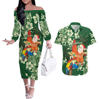 Moss Green Tropical Christmas Hawaii Tapa Couples Matching Off The Shoulder Long Sleeve Dress and Hawaiian Shirt Aloha Santa Drink Party LT7 Green - Polynesian Pride