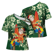 Moss Green Tropical Christmas Hawaii Tapa Cross Shoulder Shirt Aloha Santa Drink Party LT7 - Polynesian Pride