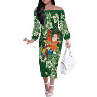 Moss Green Tropical Christmas Hawaii Tapa Family Matching Off The Shoulder Long Sleeve Dress and Hawaiian Shirt Aloha Santa Drink Party LT7 Mom's Dress Green - Polynesian Pride
