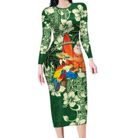 Moss Green Tropical Christmas Hawaii Tapa Long Sleeve Bodycon Dress Aloha Santa Drink Party LT7 Long Dress Green - Polynesian Pride