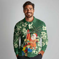Moss Green Tropical Christmas Hawaii Tapa Long Sleeve Polo Shirt Aloha Santa Drink Party LT7 - Polynesian Pride
