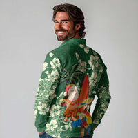 Moss Green Tropical Christmas Hawaii Tapa Long Sleeve Polo Shirt Aloha Santa Drink Party LT7 - Polynesian Pride