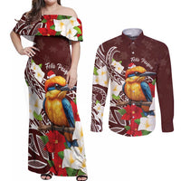 Felis Pasgua Guam Couples Matching Off Shoulder Maxi Dress and Long Sleeve Button Shirt Christmas Sihek Kingfisher with Guasali LT7 Crimson - Polynesian Pride