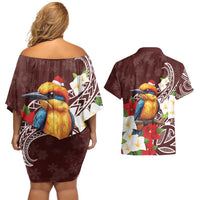 Felis Pasgua Guam Couples Matching Off Shoulder Short Dress and Hawaiian Shirt Christmas Sihek Kingfisher with Guasali LT7 - Polynesian Pride