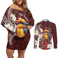 Felis Pasgua Guam Couples Matching Off Shoulder Short Dress and Long Sleeve Button Shirt Christmas Sihek Kingfisher with Guasali LT7 Crimson - Polynesian Pride