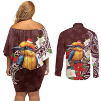 Felis Pasgua Guam Couples Matching Off Shoulder Short Dress and Long Sleeve Button Shirt Christmas Sihek Kingfisher with Guasali LT7 - Polynesian Pride
