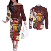 Felis Pasgua Guam Couples Matching Off The Shoulder Long Sleeve Dress and Long Sleeve Button Shirt Christmas Sihek Kingfisher with Guasali LT7 Crimson - Polynesian Pride