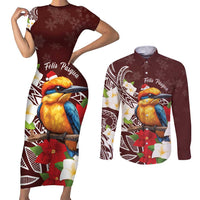 Felis Pasgua Guam Couples Matching Short Sleeve Bodycon Dress and Long Sleeve Button Shirt Christmas Sihek Kingfisher with Guasali LT7 Crimson - Polynesian Pride