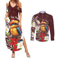 Felis Pasgua Guam Couples Matching Summer Maxi Dress and Long Sleeve Button Shirt Christmas Sihek Kingfisher with Guasali LT7 Crimson - Polynesian Pride