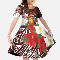 Felis Pasgua Guam Family Matching Short Sleeve Bodycon Dress and Hawaiian Shirt Christmas Sihek Kingfisher with Guasali LT7 Daughter's Dress Crimson - Polynesian Pride