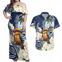 Hafa Adai Guam Couples Matching Off Shoulder Maxi Dress and Hawaiian Shirt Sihek Guam Kingfisher with Guasali LT7 Navy Blue - Polynesian Pride