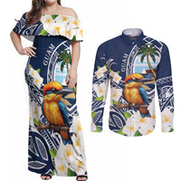 Hafa Adai Guam Couples Matching Off Shoulder Maxi Dress and Long Sleeve Button Shirt Sihek Guam Kingfisher with Guasali LT7 Navy Blue - Polynesian Pride
